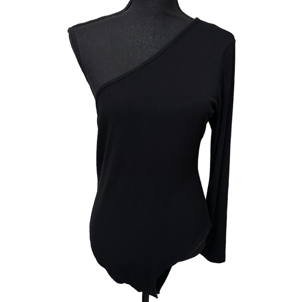 NWT LNA Clothing Women's Size 1X Slade Heavy Rib One Shoulder‎ Bodysuit Black